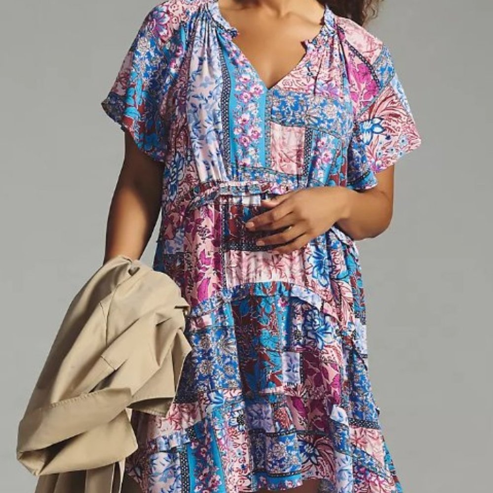 Maeve Patchwork Mini Dress in Blue and Pink